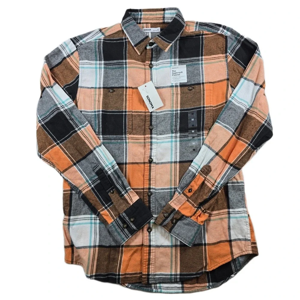 Sonoma Flannel Shirt Mens Medium Orange Brown Cotton Plaid The Supersoft Flannel